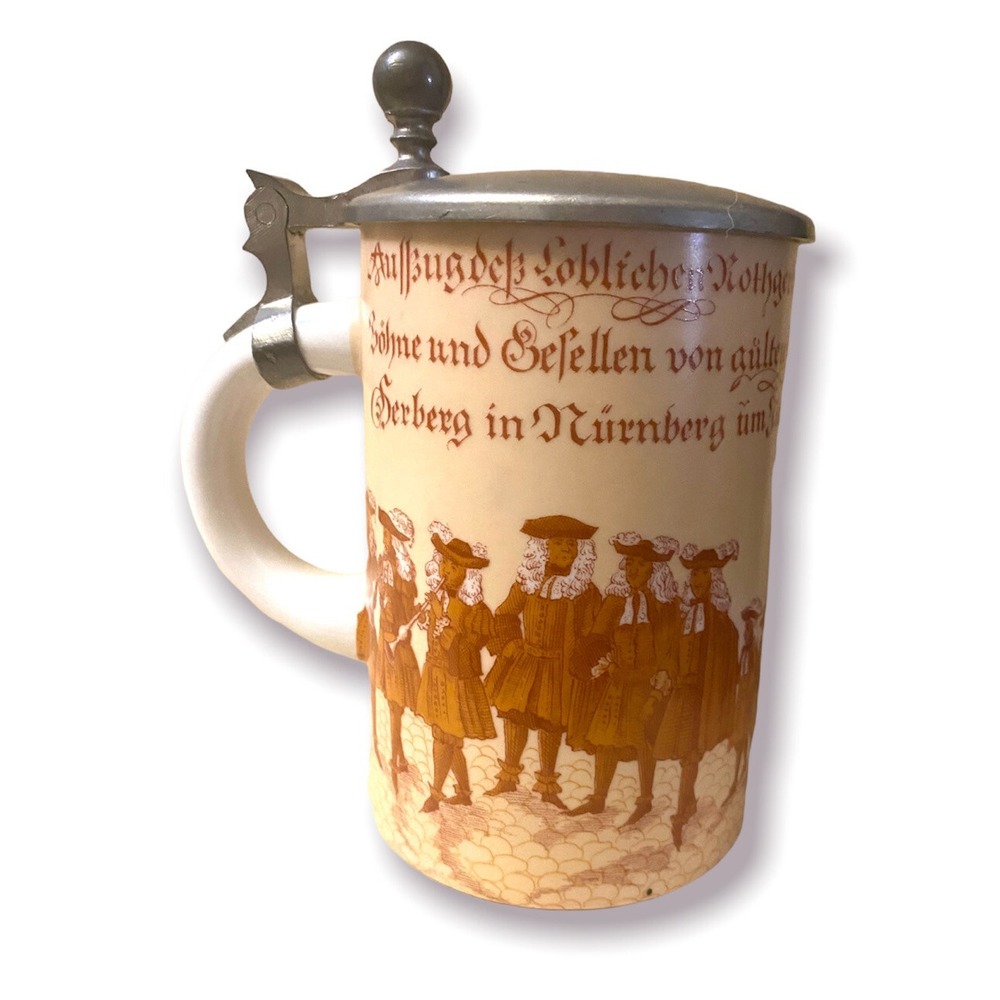 German Beer Stein Nuremberg 1687 Procession Lidded Ceramic Mug Pewter Lid